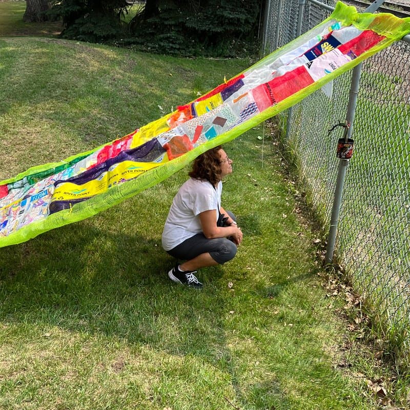 Close-up of fused grocery bags forming the blanket texture